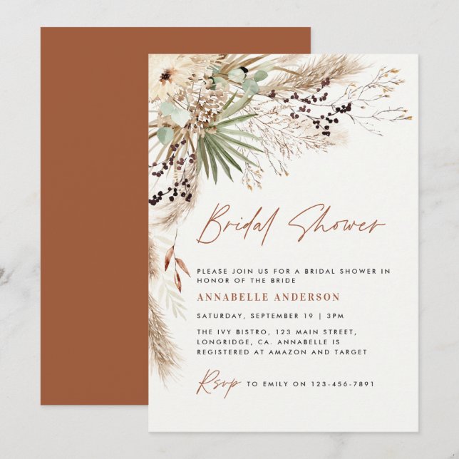 Bridal shower pampas grass modern boho elegant invitation (Front/Back)
