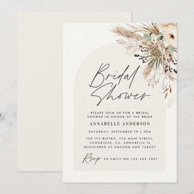 Bridal shower pampas grass modern natural elegant invitation (Front/Back)
