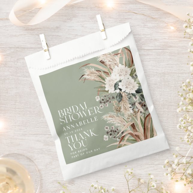 Bridal shower pampas grass modern sage green party favour bag (Clipped)