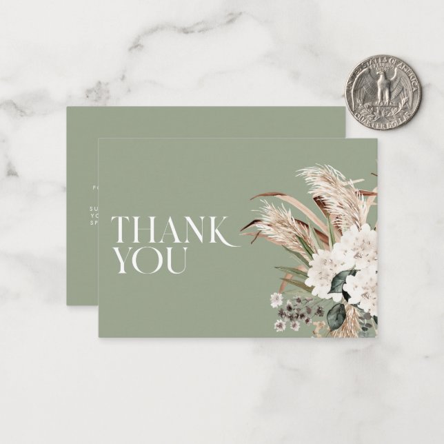 Bridal shower pampas grass sage green thank you card (Front/Back In Situ)