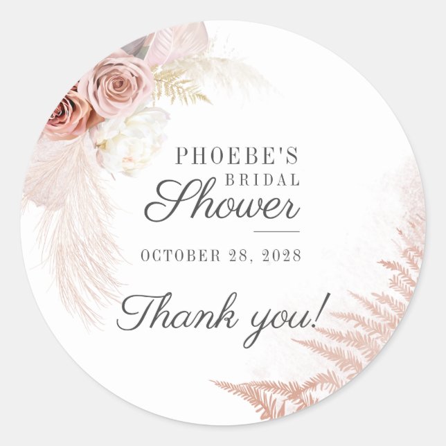 Bridal Shower Pampas Grass Tan Terracotta Classic Round Sticker (Front)