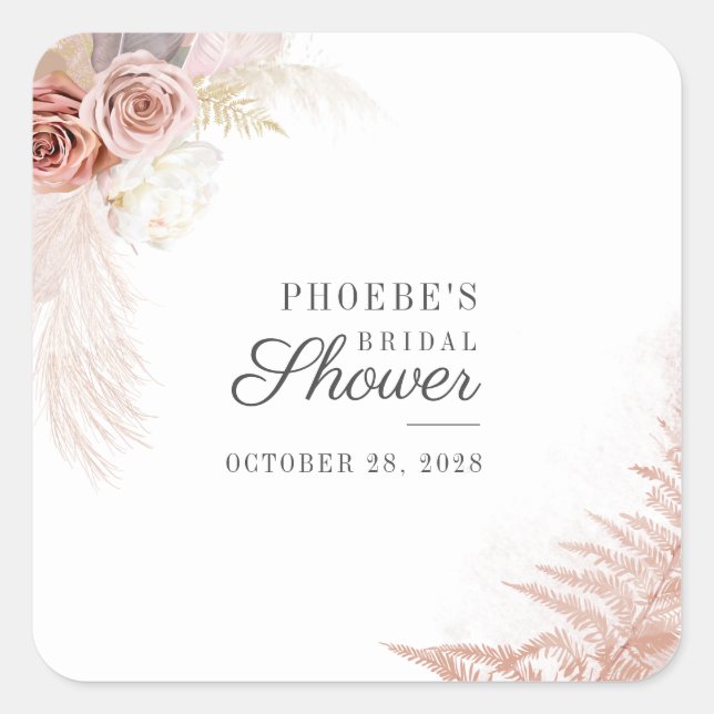 Bridal Shower Pampas Grass Tan Terracotta Square Sticker (Front)
