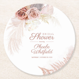 Bridal Shower Pampas Grass Terracotta Tan Round Paper Coaster