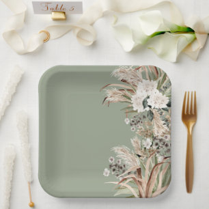 Bridal shower pampas modern elegant sage green paper plate