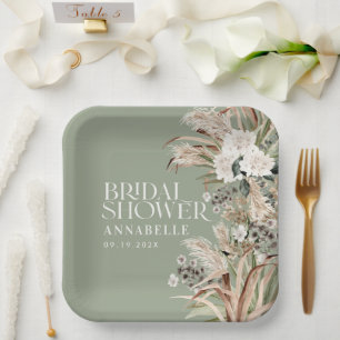 Bridal shower pampas modern elegant sage green paper plate