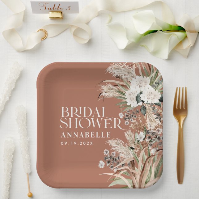 Bridal shower pampas modern elegant terracotta paper plate (Wedding)
