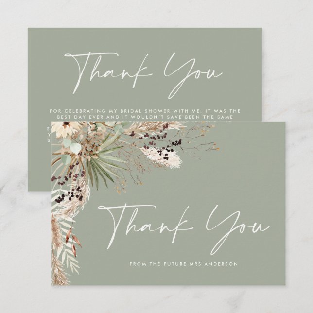 Bridal shower pampas modern sage green thank you invitation (Front/Back)