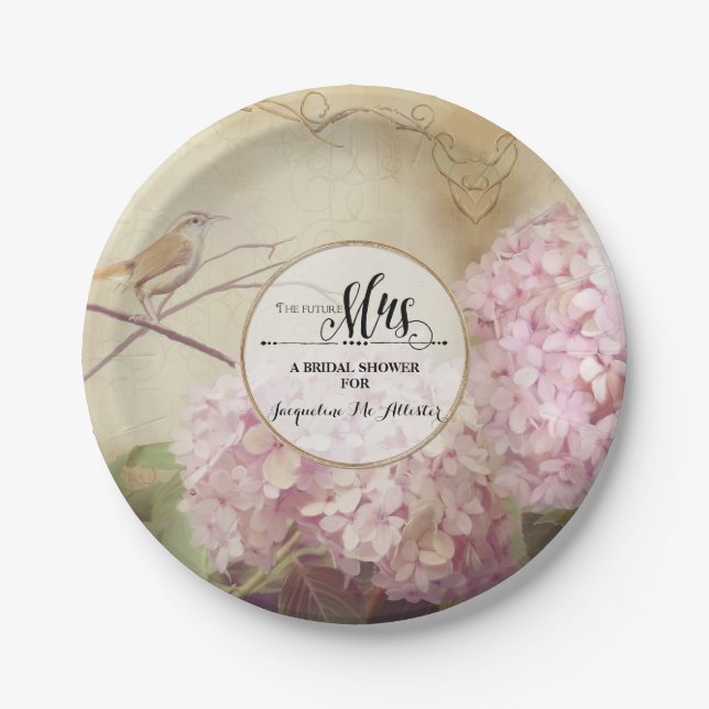 Bridal Shower Paper Party Decor Pink Hydrangea Art Paper Plate (Front)