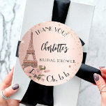 Bridal Shower Paris Eiffel tower thank you Classic Round Sticker<br><div class="desc">A rose gold background with faux sparkles and the Eiffel tower with some flowers.  Personalize and add your name.</div>