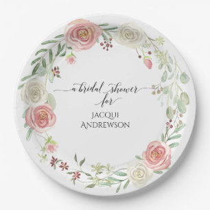 Bridal Shower Party Decor   Blush Ivory Roses Leaf Paper Plate
