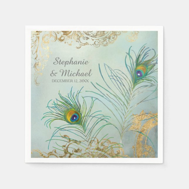 Bridal Shower Party Decor Elegant Peacock Feathers Napkin (Front)