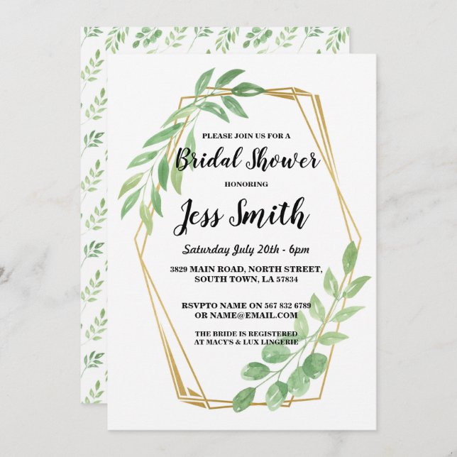 Bridal Shower Party Gold Frame Leaves Invite (Front/Back)