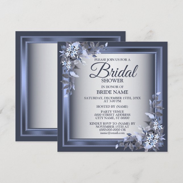 Bridal Shower Party Navy Blue Floral Silver Grey Invitation (Front/Back)