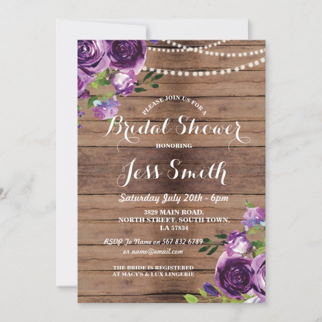 Bridal Shower Party Purple Flowers Chalk Invite (Front)