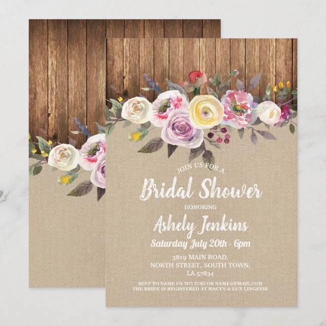 Bridal Shower Party Rustic Wood Rustic Floral Invitation (Front/Back)