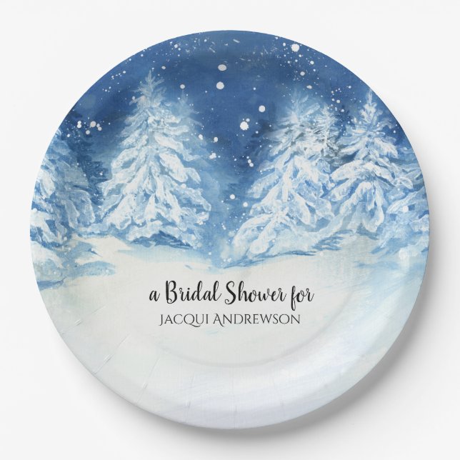 Bridal Shower Party | Wild Forest Snowfall Trees Paper Plate (Front)