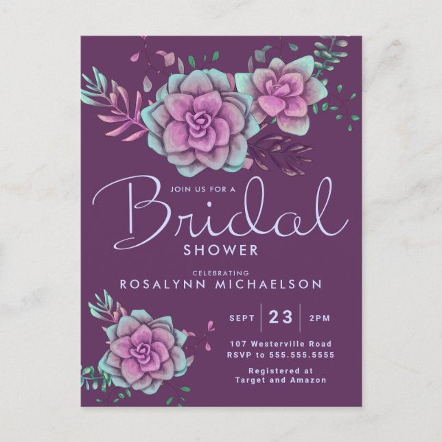 BRIDAL SHOWER | Pastel Succulent Floral Postcard (Front)