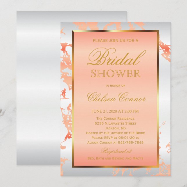 Bridal Shower - Peach Marble, White & Gold Invitation (Front/Back)