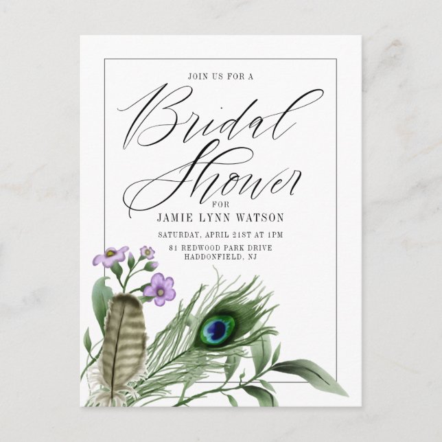 Bridal Shower | Peacock Feather & Flowers Postcard (Front)