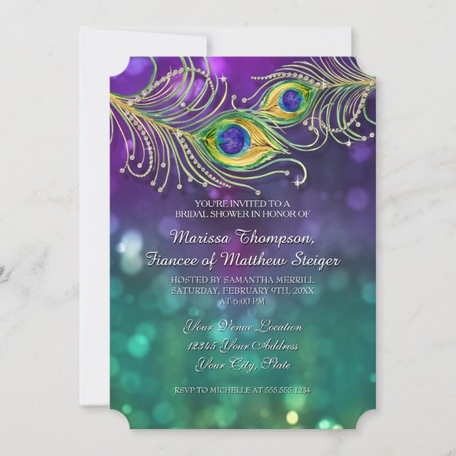 Bridal Shower Peacock Feather Jewelled Feathers Invitation (Front)