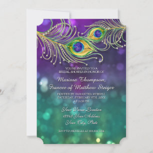 Bridal Shower Peacock Feather Jewelled Feathers Invitation