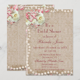 Bridal Shower Pearls Pink and Brown Invitation