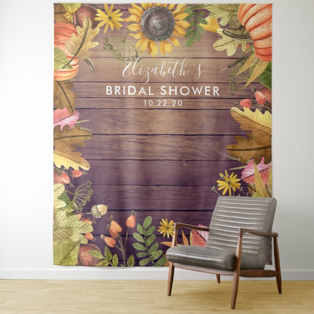 Bridal Shower Photo Backdrop Autumn Leaves Pumpkin Tapestry (In Situ)