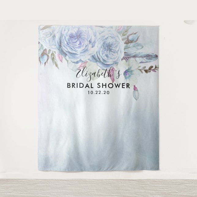 Bridal Shower Photo Backdrop Boho Floral Feathers Tapestry (Front)