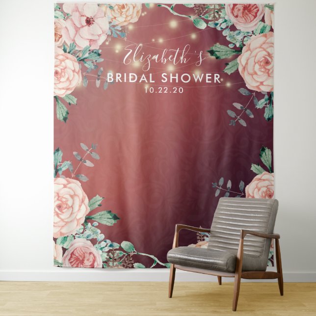Bridal Shower Photo Backdrop Flowers String Lights Tapestry (In Situ)
