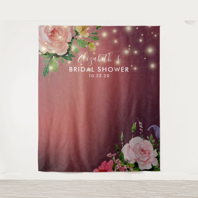 Bridal Shower Photo Backdrop Flowers String Lights Tapestry (Front)
