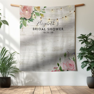 Bridal Shower Photo Backdrop Flowers Wood Lights Tapestry