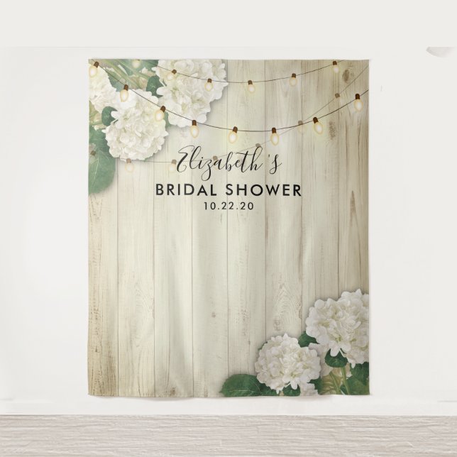 Bridal Shower Photo Backdrop Hydrangea Lights wood Tapestry (Front)