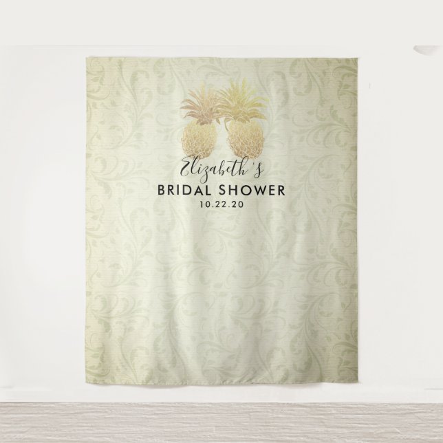 Bridal Shower Photo Backdrop Modern Gold Pineapple Tapestry (Front)