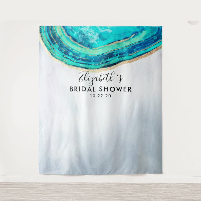 Bridal Shower Photo Backdrop Teal Gold Agate Geode Tapestry (Front)