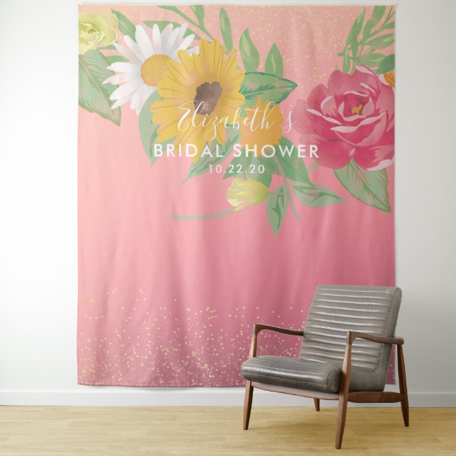 Bridal Shower Photo Booth Backdrop Pink Flowers Tapestry (In Situ)