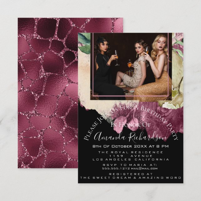 Bridal Shower Photo Floral Birthday Marsala Glitte Invitation (Front/Back)