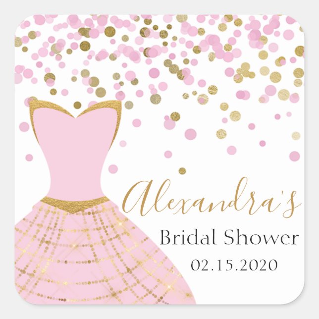 Bridal Shower Pink and Gold Foil Dress Square Sticker (Front)