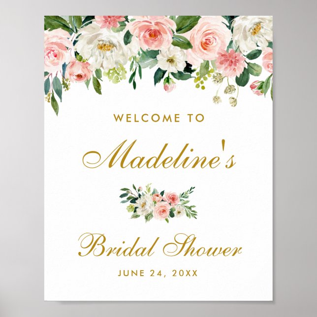 Bridal Shower Pink Blush Floral Gold Welcome Poster (Front)