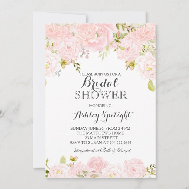 Bridal Shower pink blush Floral Invitation (Front)