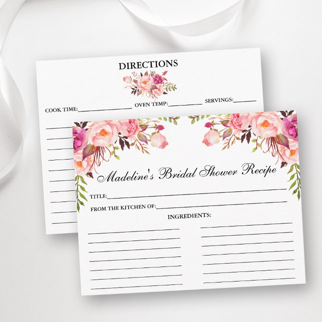 Bridal Shower Pink Blush Floral Recipe Card (Customize to change text color, size or text style.)