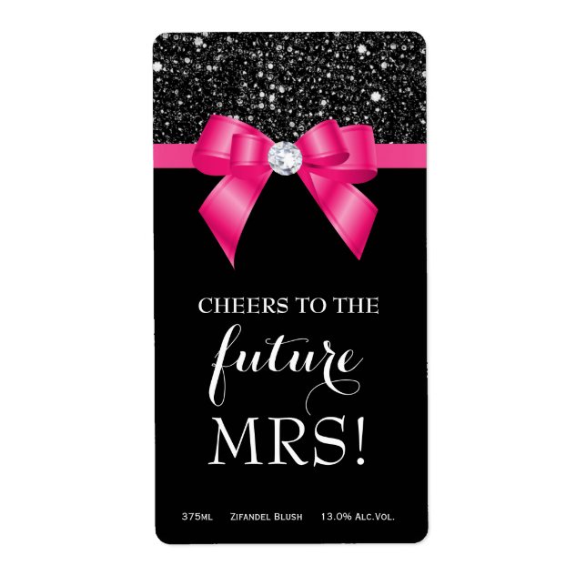 Bridal Shower Pink Bow Black Sequins Wine Labels (Front)