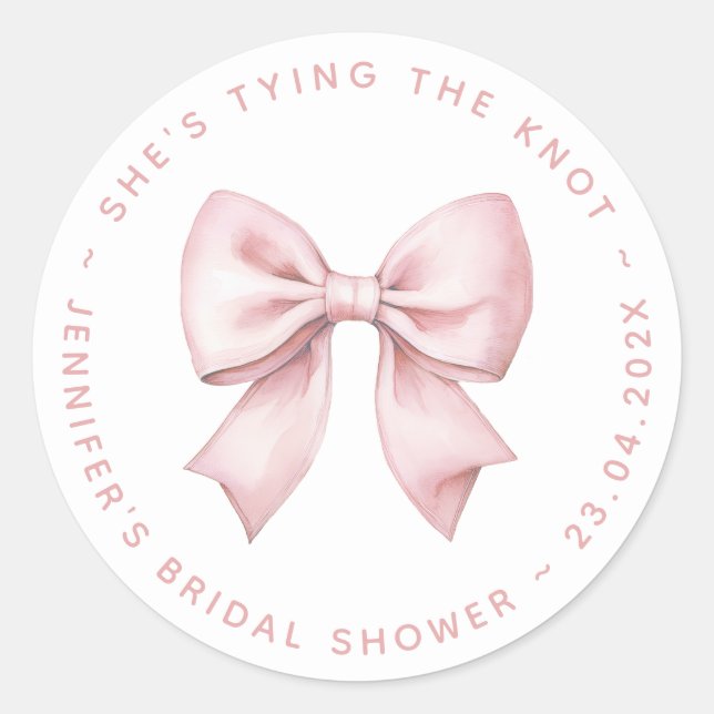 Bridal Shower Pink Bow She's Tying the Knot  Classic Round Sticker (Front)