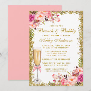 Bridal Shower Pink Floral Brunch Bubbly Glitter Invitation
