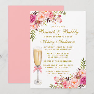 Bridal Shower Pink Floral Brunch Bubbly Gold Invitation