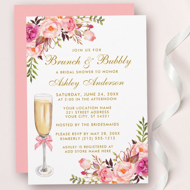 Bridal Shower Pink Floral Brunch Bubbly Gold Invitation (Customize to change text color, text style or color of back of card.)