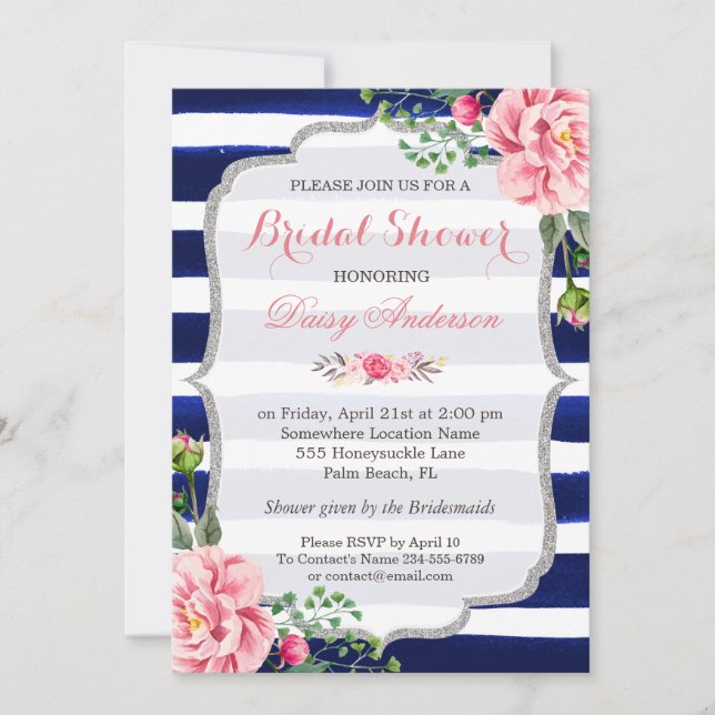 Bridal Shower Pink Floral Silver Blue Stripes Invitation (Front)