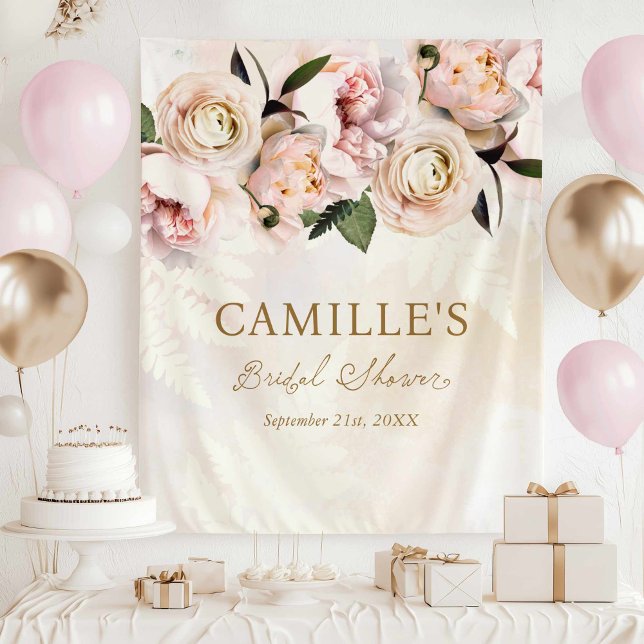 Bridal Shower Pink Floral Welcome Backdrop Tapestry (Pink Floral Bridal Shower Backdrop)