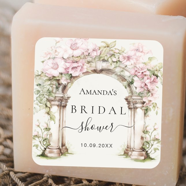 Bridal shower pink florals marble arch square sticker (Creator Uploaded)