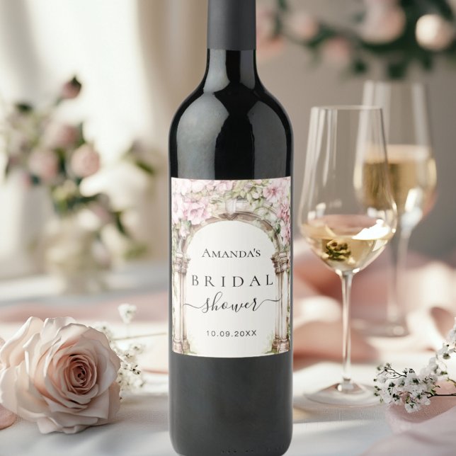 Bridal shower pink florals marble arch wine label (Creator Uploaded)