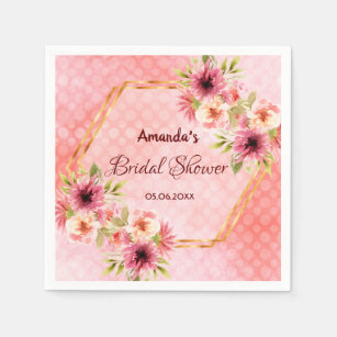 Bridal shower pink flowers gold geometric napkin